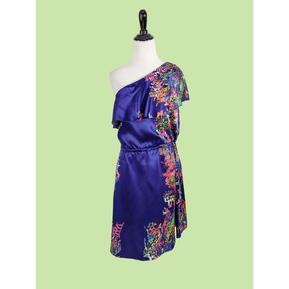 HALSTON Heritage Dress 4 purple One Sleeve RUFFLE SILK Floral - Picture 1 of 5